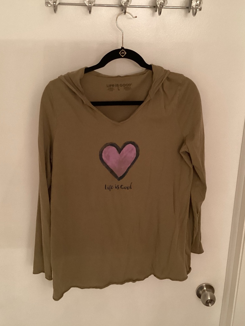 Life Is Good Olive Green Hoodie Tee with Pink Heart Graphic
